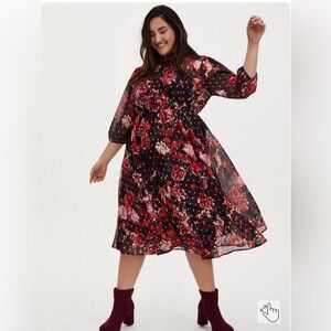 Burgundy Purple Floral Chiffon Mock Neck Midi Dress